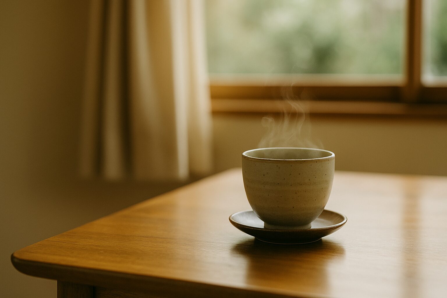 やわらかな光が差すリビングの窓辺で湯気の立つ湯呑みが置かれたテーブル