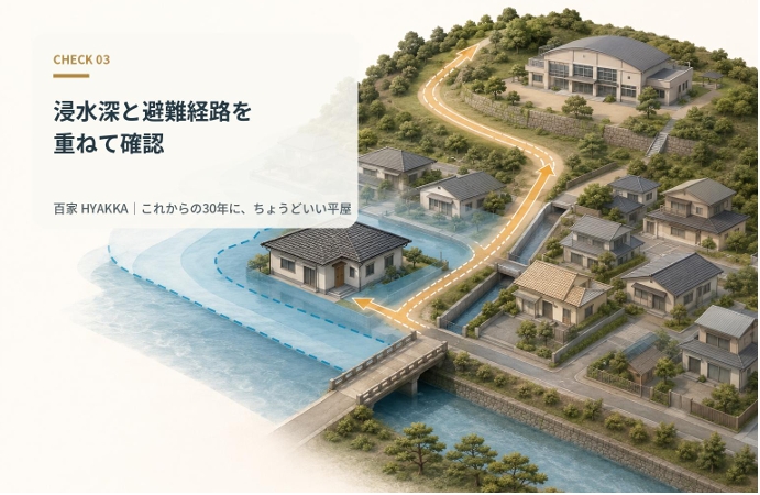 浸水は色が付いているかだけでなく、
「深さ・続く時間・避難経路」を見る
