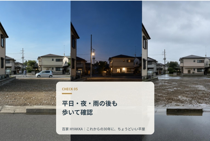 平日・夜・雨の後にも現地を見る