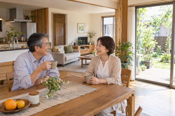 庭とつながる一階の、夫婦の朝